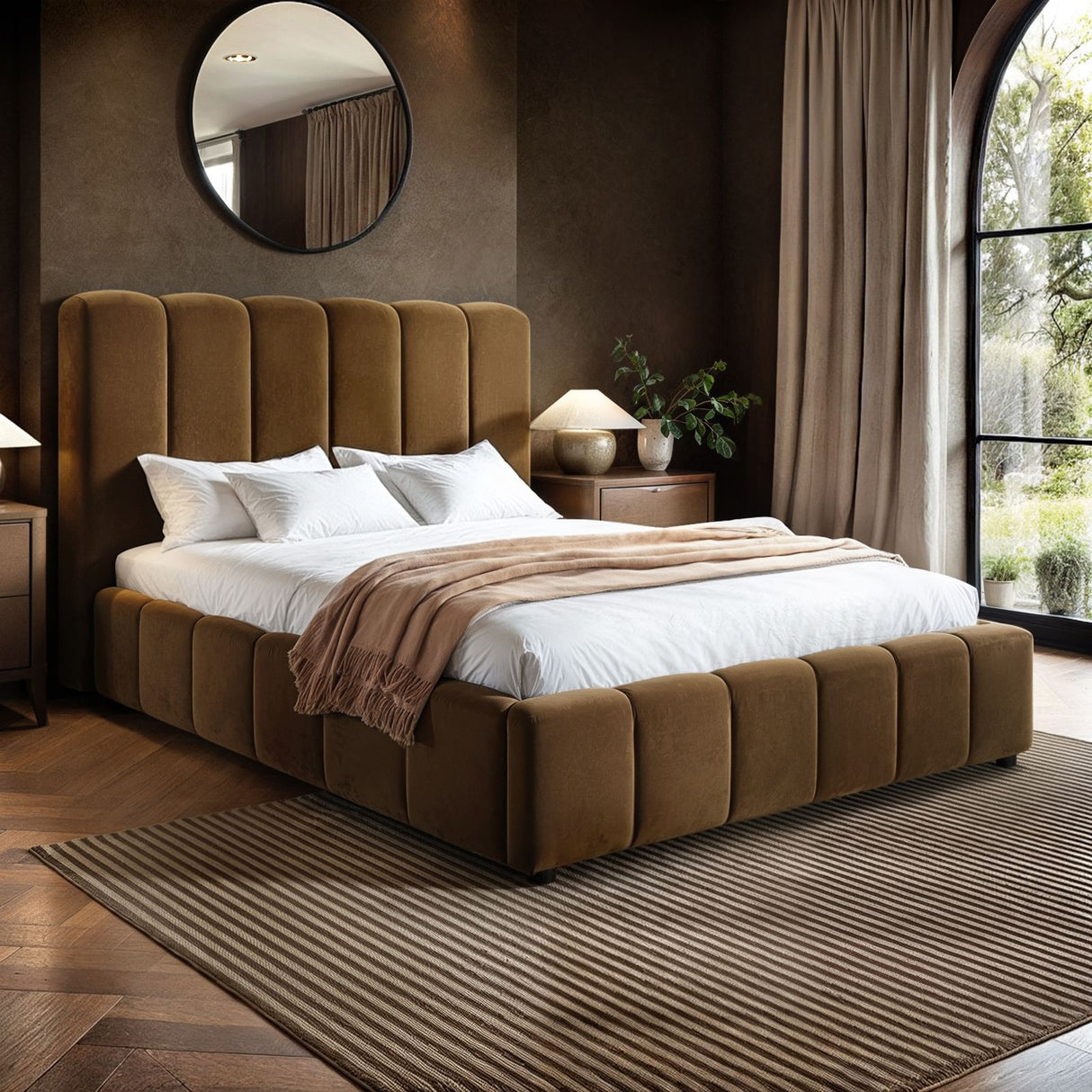 SOLACE+CO Emilie Ribbed Ottoman Double Bed Brown Velvet