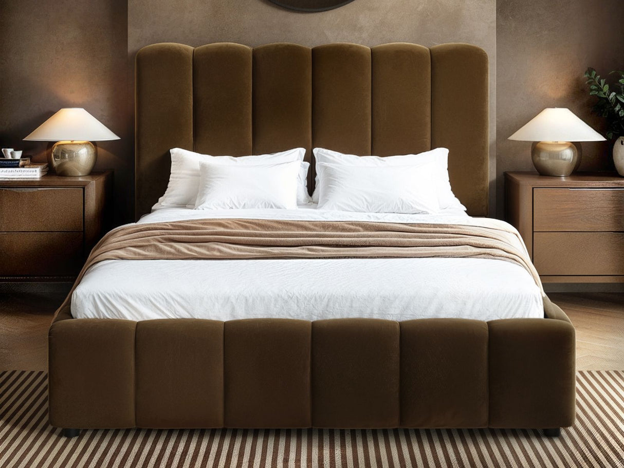 SOLACE+CO Emilie Ribbed Ottoman Kingsize Bed Brown Velvet
