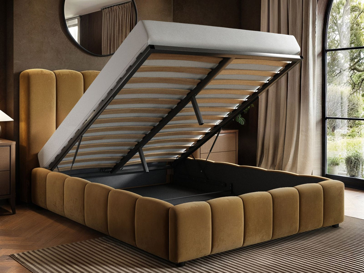 SOLACE+CO Emilie Ribbed Ottoman Double Bed Caramel Velvet