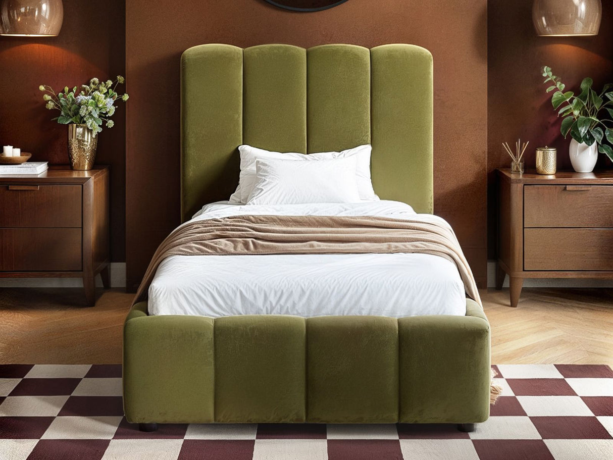 SOLACE+CO Emilie Single Ribbed Ottoman Bed Green Velvet