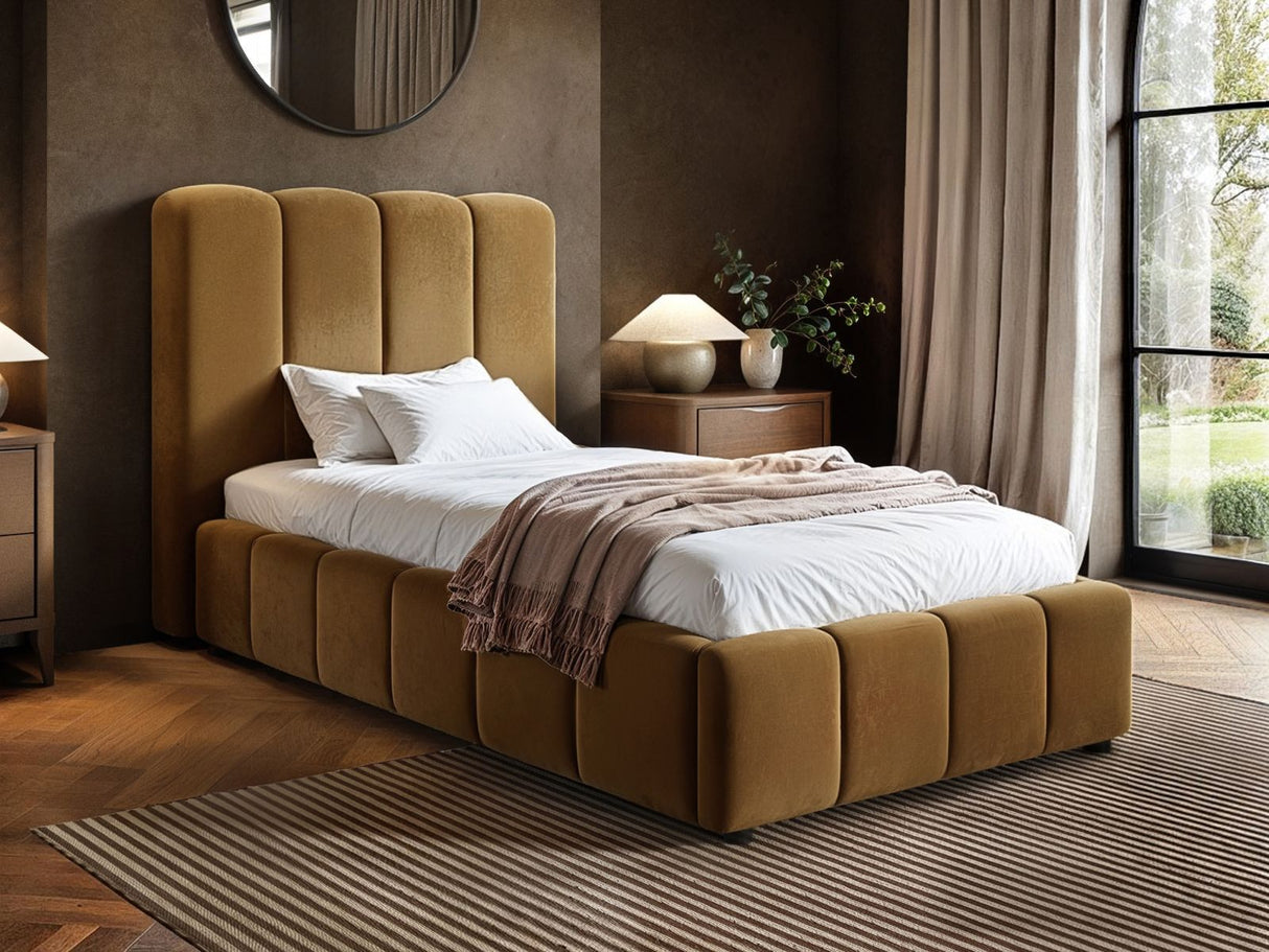 SOLACE+CO Emilie Single Ribbed Ottoman Bed Caramel Velvet