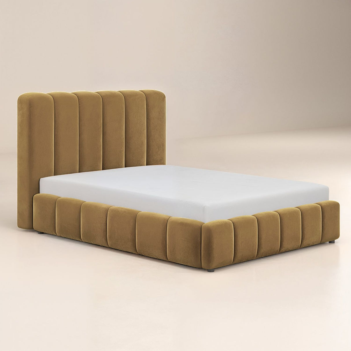 SOLACE+CO Emilie Ribbed Ottoman Double Bed Caramel Velvet
