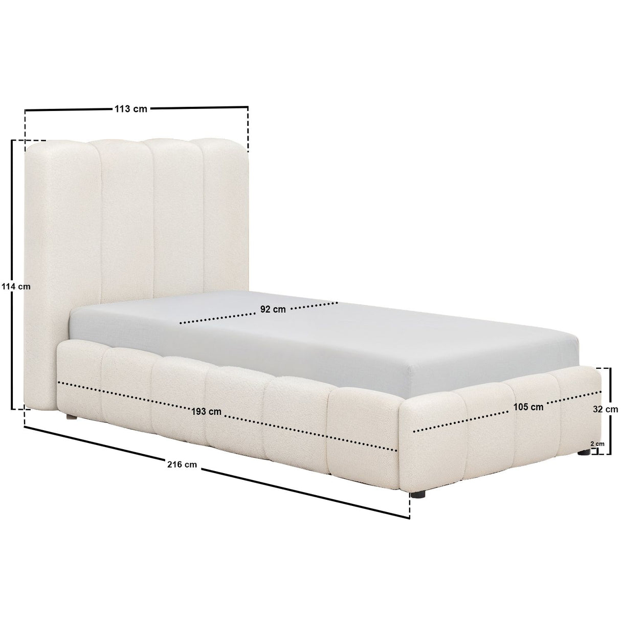SOLACE+CO Emilie Single Ribbed Ottoman Bed Cream Boucle