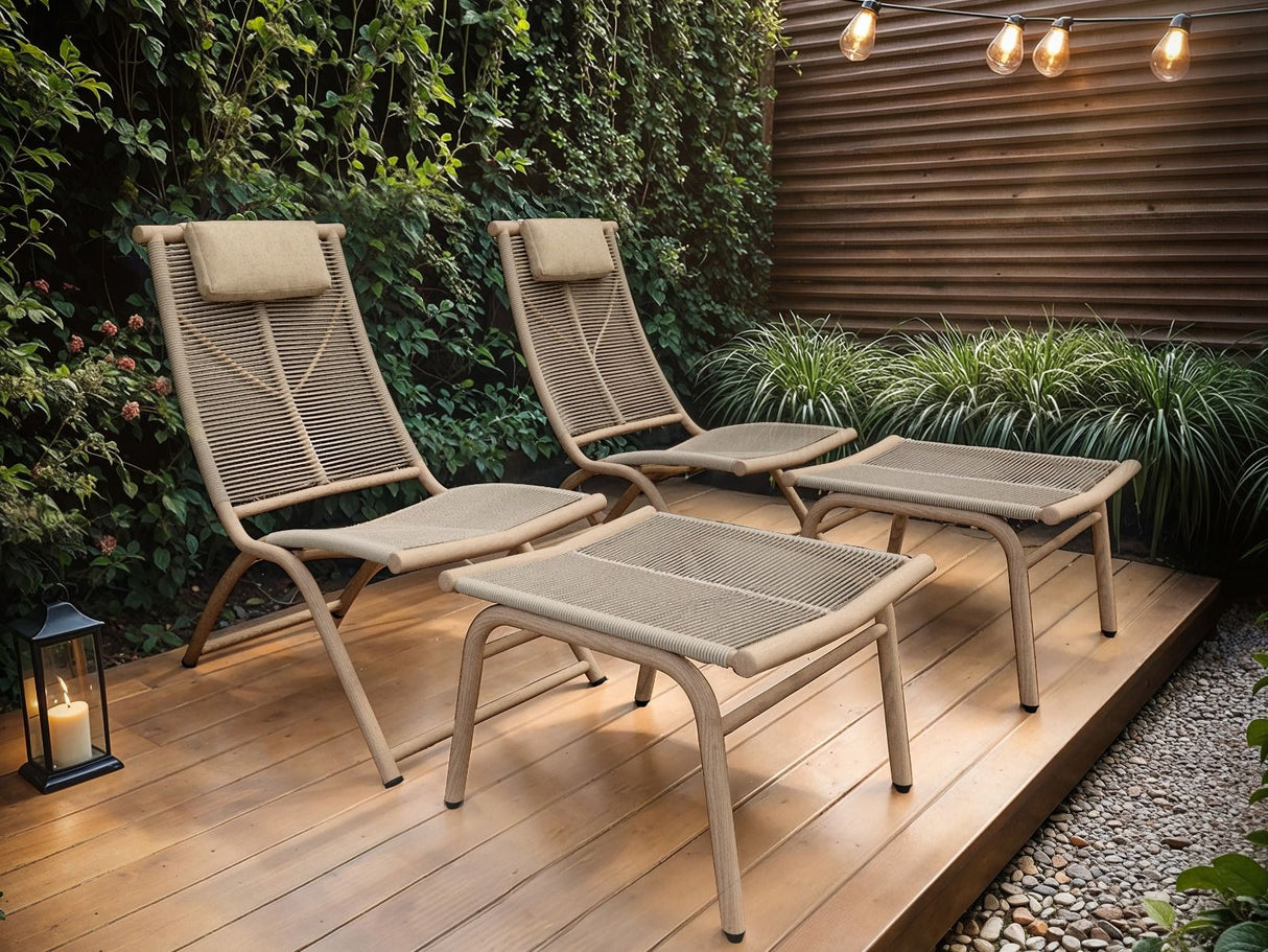 SOLACE+CO Esen Set of 2 Garden Lounge Chairs with Footstool Beige