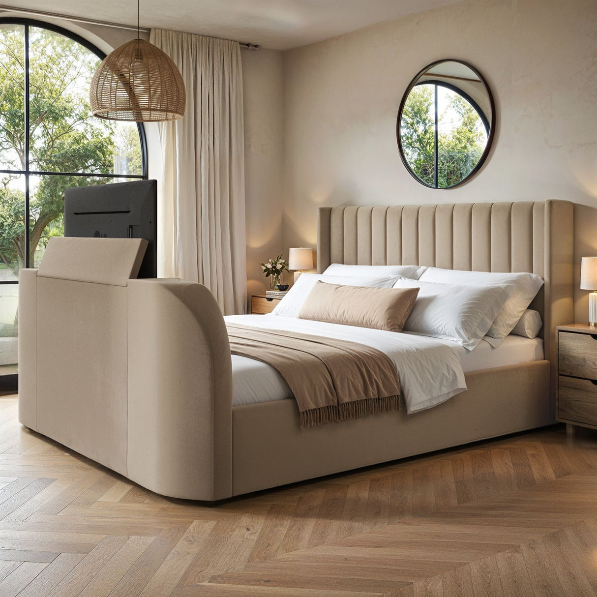 Flair Fallon TV Side Lift Ottoman Bed Beige Velvet SuperKing