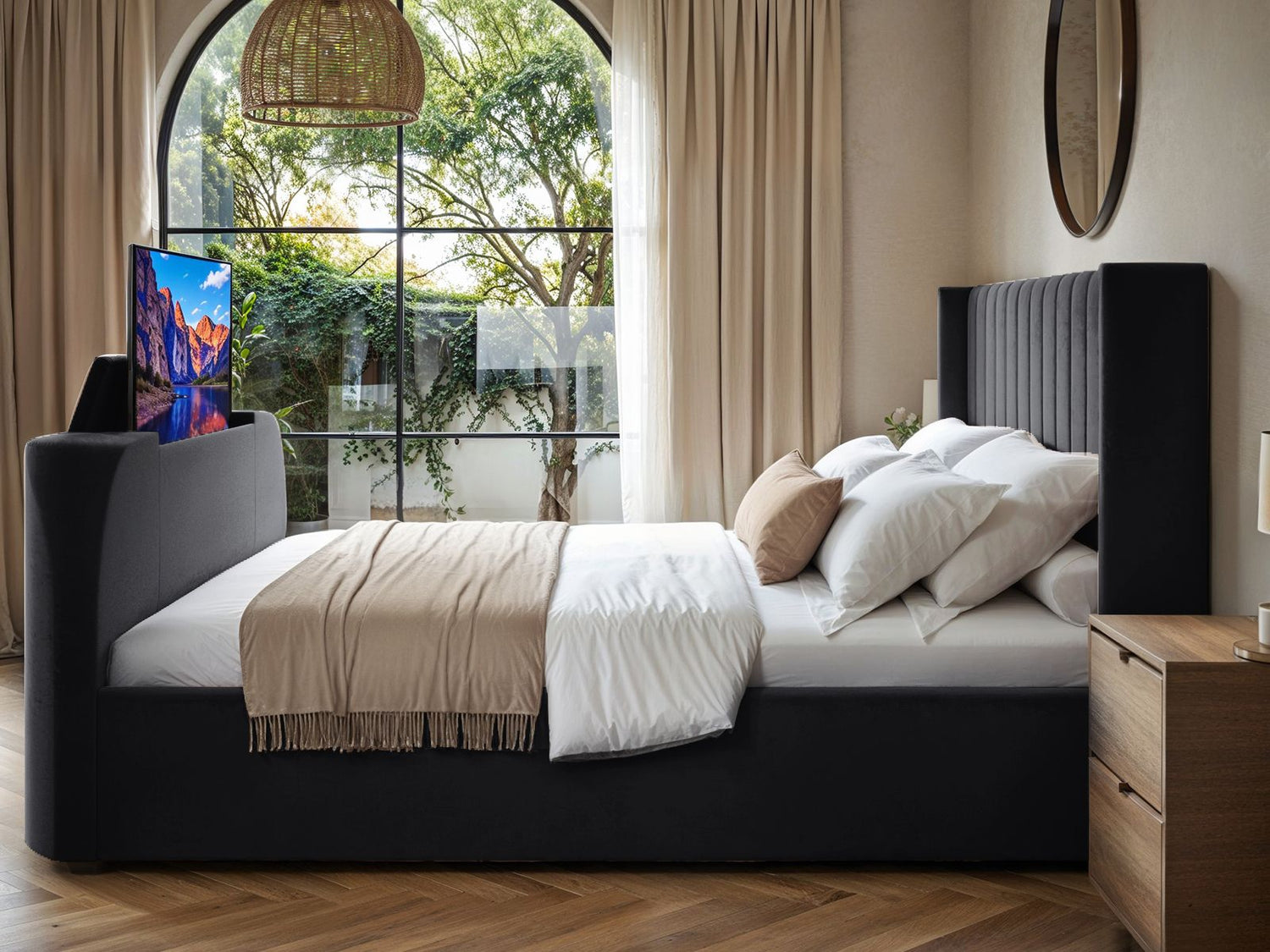 Flair Fallon TV Side Lift Ottoman Bed Charcoal Velvet SuperKing