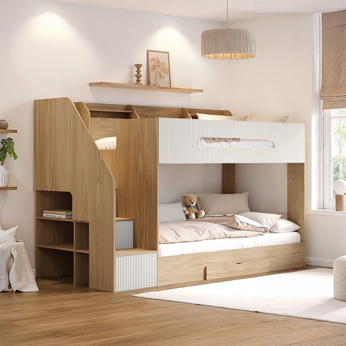 Flair Finn Staircase Bunk Bed with Storage Oak & White