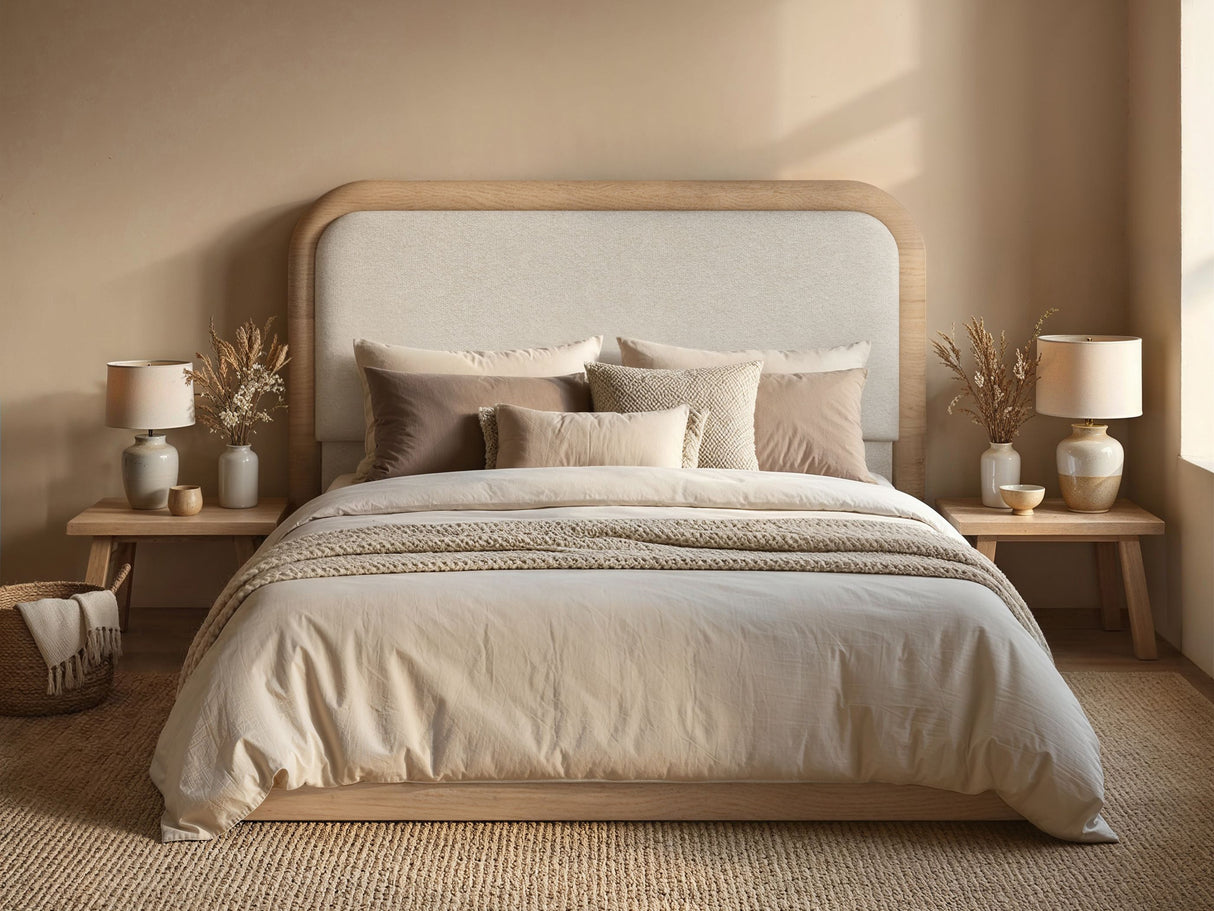 SOLACE+CO Gabriela Wooden Upholstered Bed Frame Cream Chenille Double