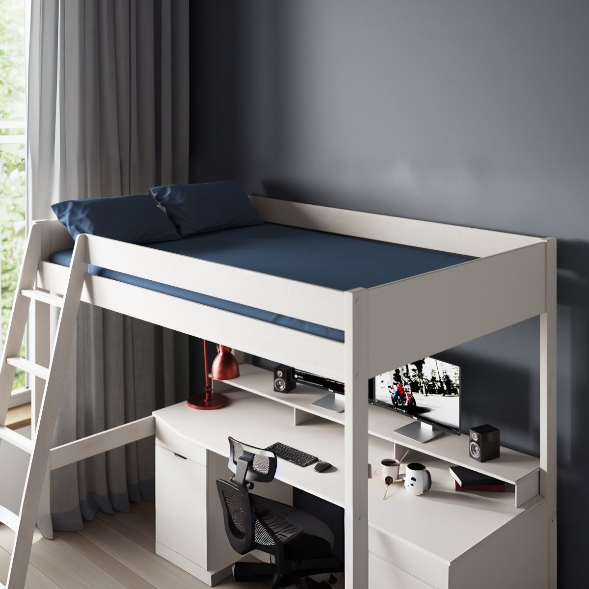 Noomi Tera Solid Wood Small Double Gaming High Sleeper White (FSC-Certified)