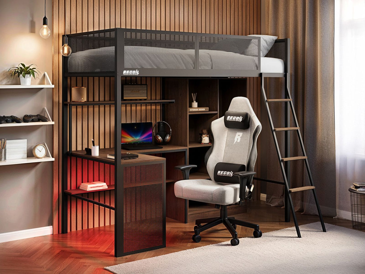 Recoil Graynite Metal Gaming High Sleeper with Shelf and Storage