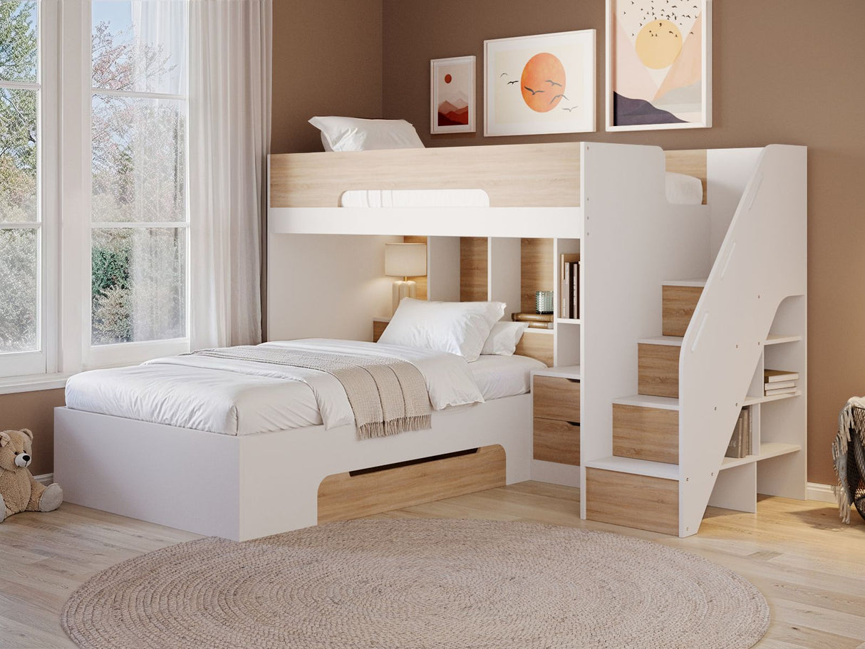 Flair Greyson Staircase Triple Bunk Bed with Storage White & Oak