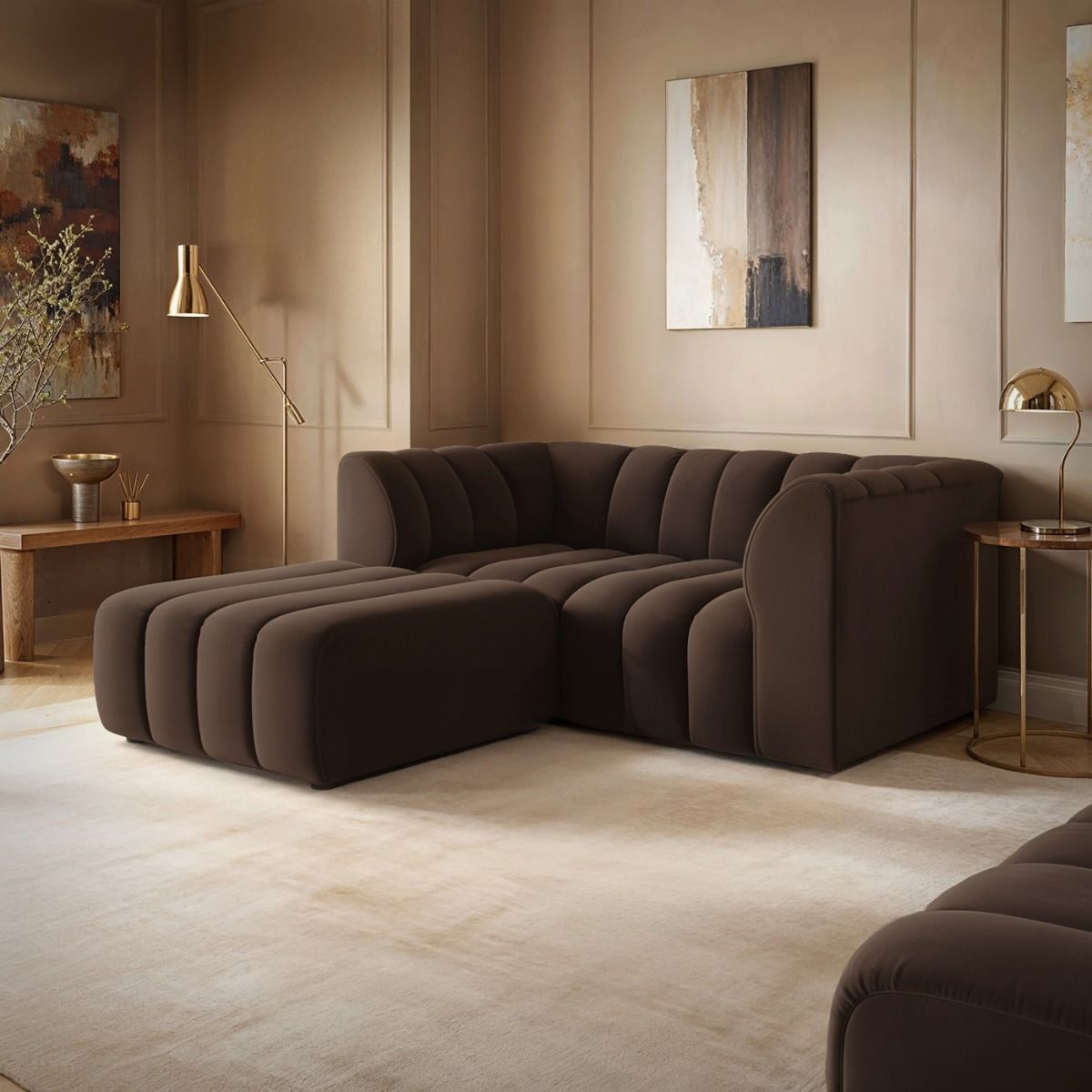 SOLACE+CO Halle Channel Tufted 2 Seater Sofa with Footstool Brown Velvet