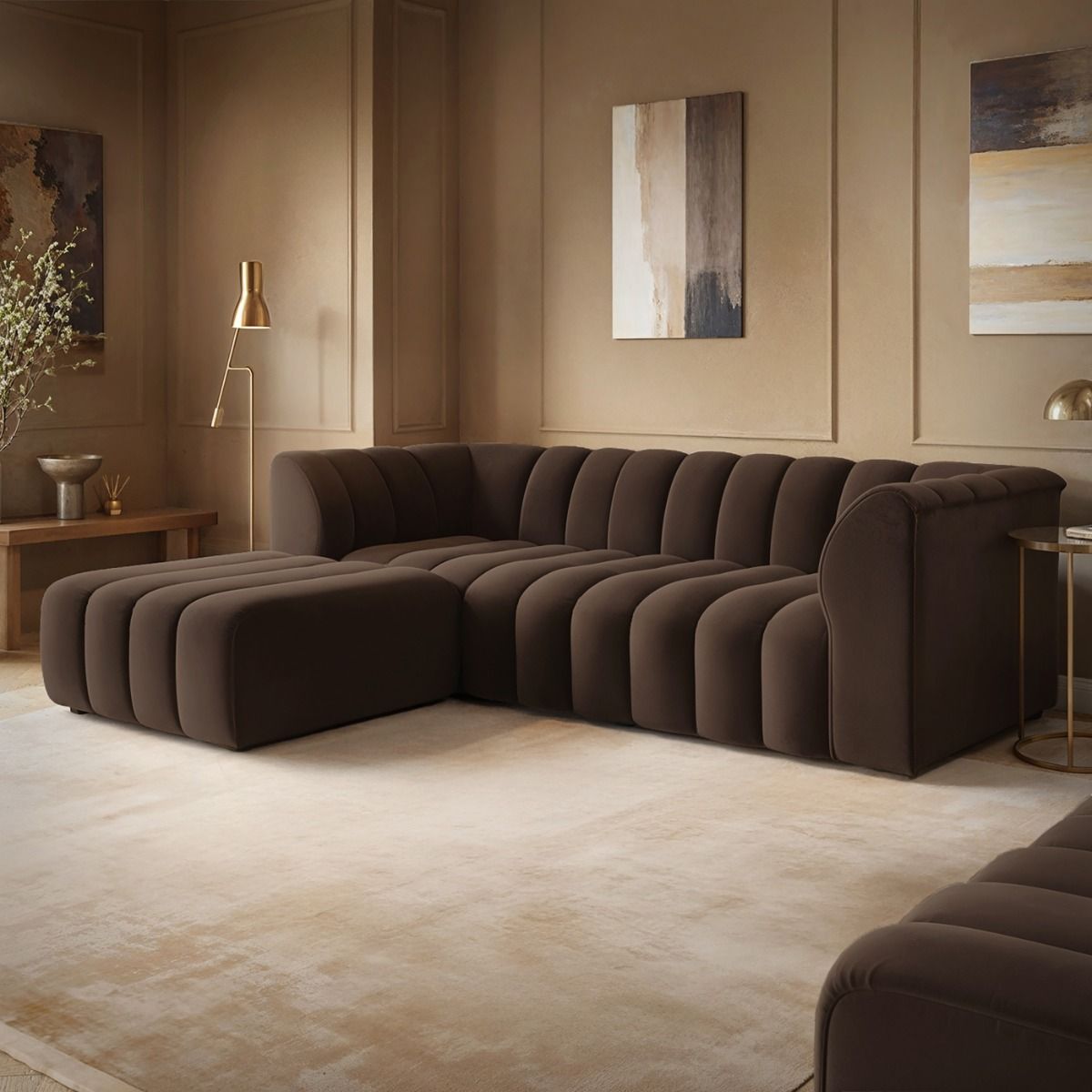SOLACE+CO Halle Channel Tufted 3 Seater Sofa with Footstool Velvet Brown