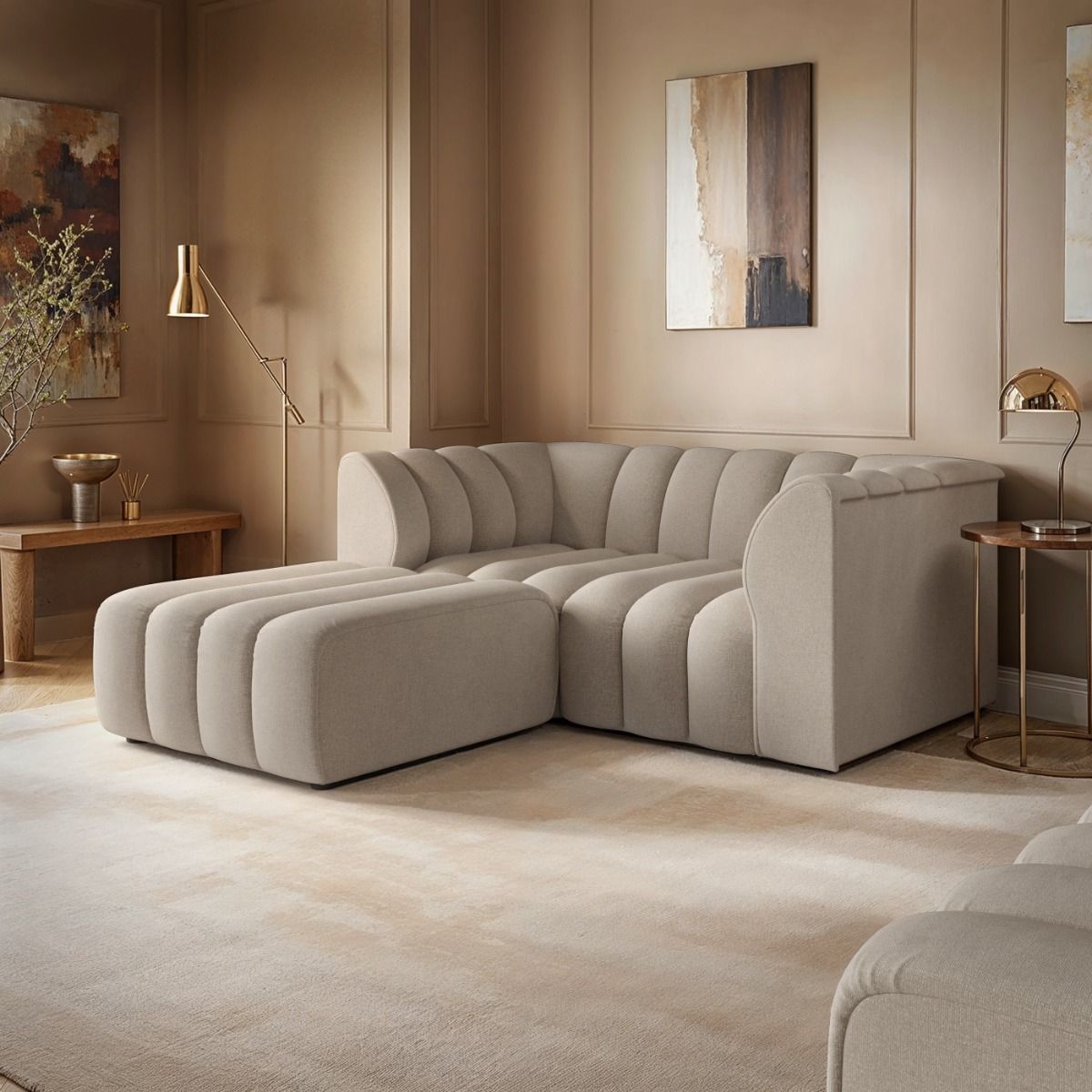 SOLACE+CO Halle Channel Tufted 2 Seater Sofa with Footstool Beige Chenille