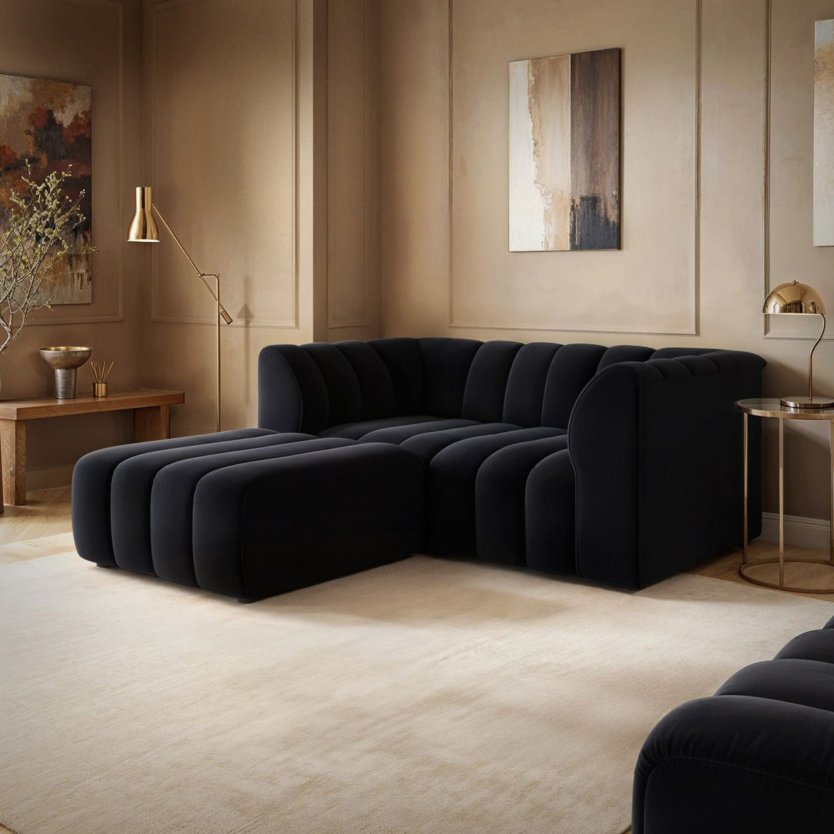 SOLACE+CO Halle Channel Tufted 2 Seater Sofa with Footstool Black Velvet