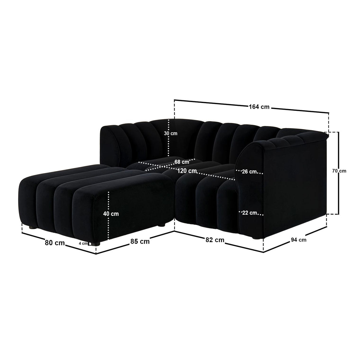 SOLACE+CO Halle Channel Tufted 2 Seater Sofa with Footstool Black Velvet