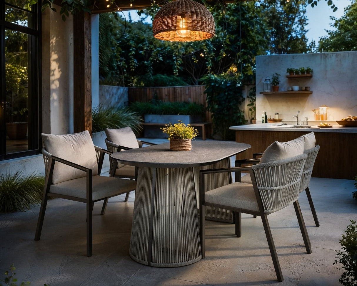 SOLACE+CO Hana Oval Garden Dining Table Grey with Lynden Chairs Set of 4 Dark Brown