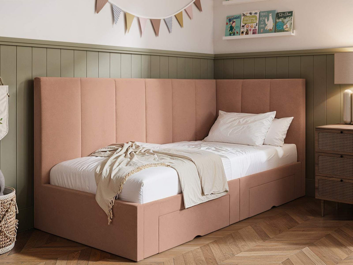 Flair Harley Velvet Corner Bed Frame with Storage Drawers Pink