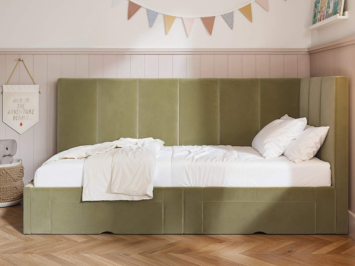 Flair Harley Corner Storage Bed Frame Olive Green Velvet