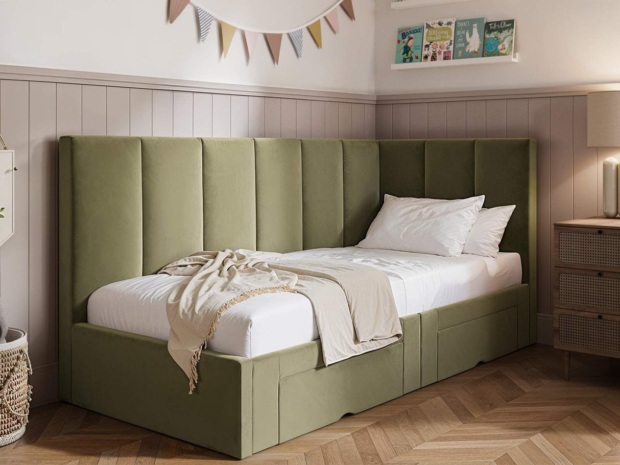 Flair Harley Corner Storage Bed Frame Olive Green Velvet