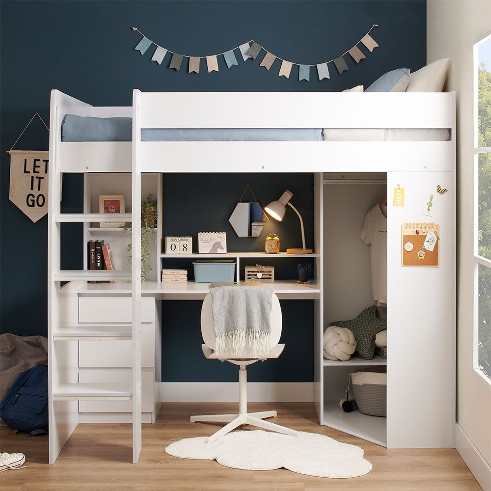 Flair Harper High Sleeper with Desk & Wardrobe White