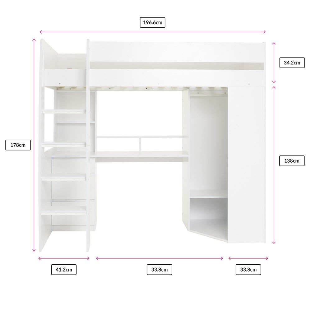 Flair Harper High Sleeper with Desk & Wardrobe White
