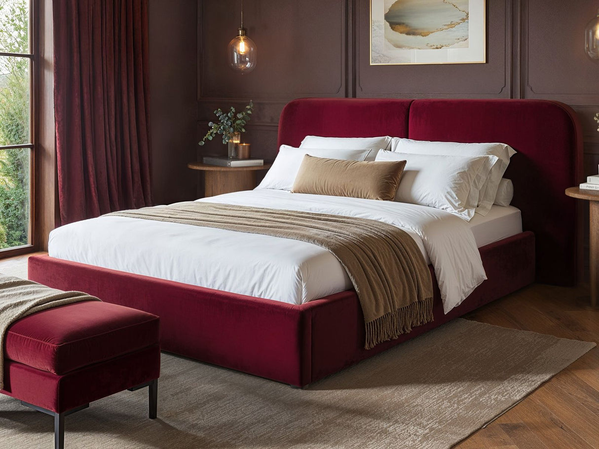 SOLACE+CO Lena Ottoman Bed Burgundy Velvet Kingsize