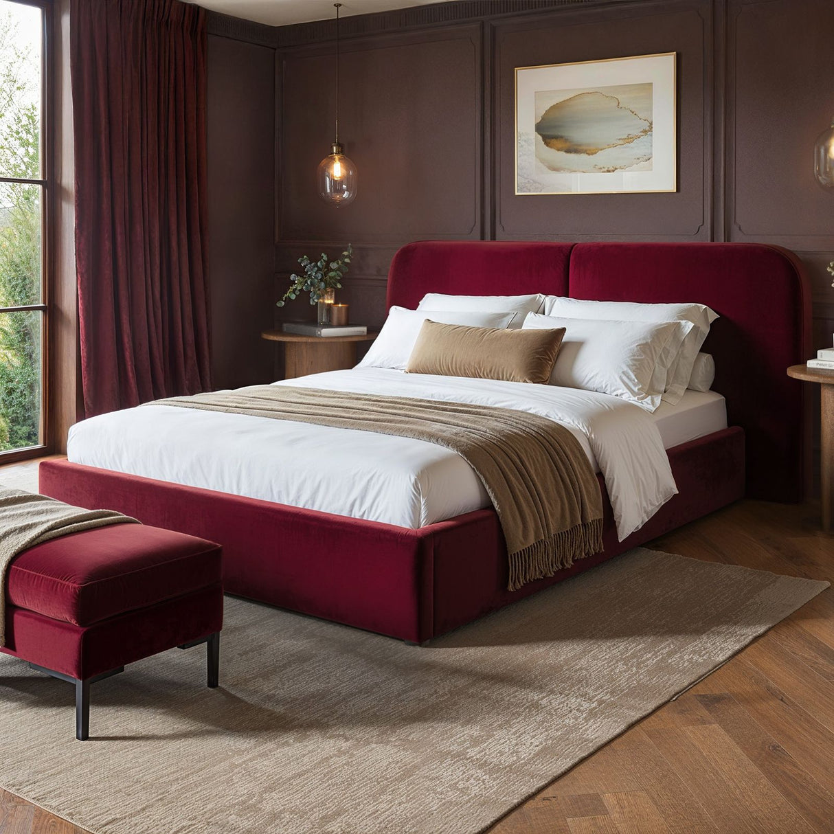 SOLACE+CO Lena Ottoman Bed Burgundy Velvet Double