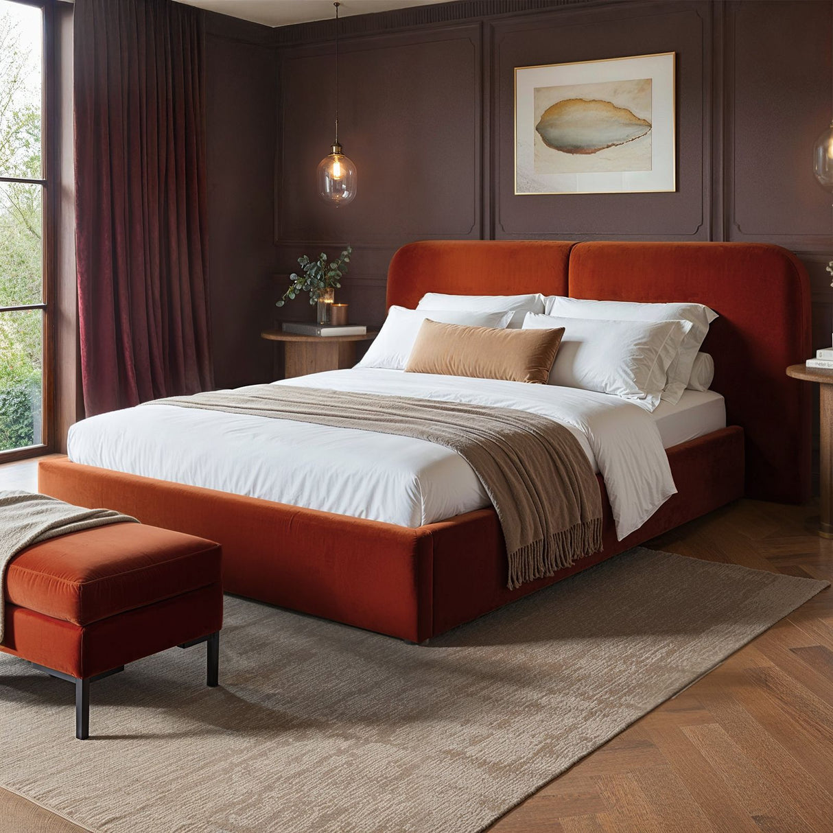 SOLACE+CO Lena Ottoman Bed Burnt Orange Velvet Kingsize