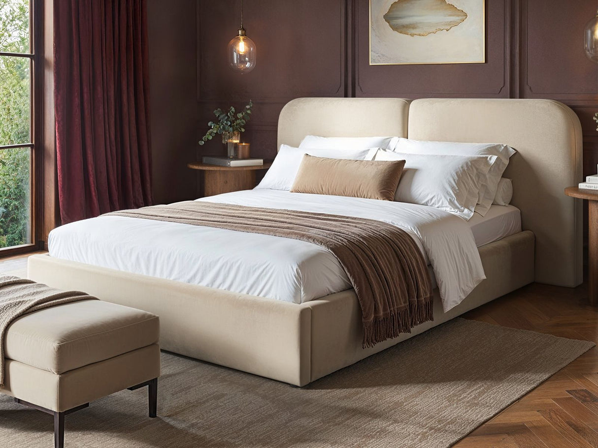 SOLACE+CO Lena Ottoman Bed Beige Velvet Double