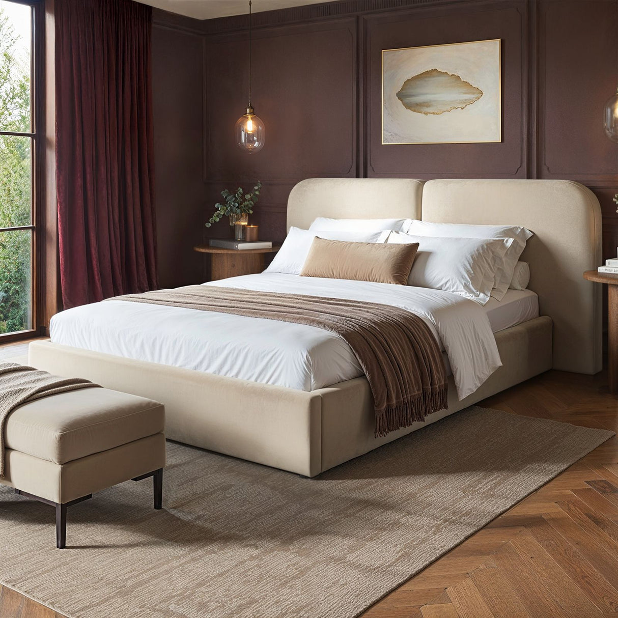 SOLACE+CO Lena Ottoman Bed Beige Velvet Double