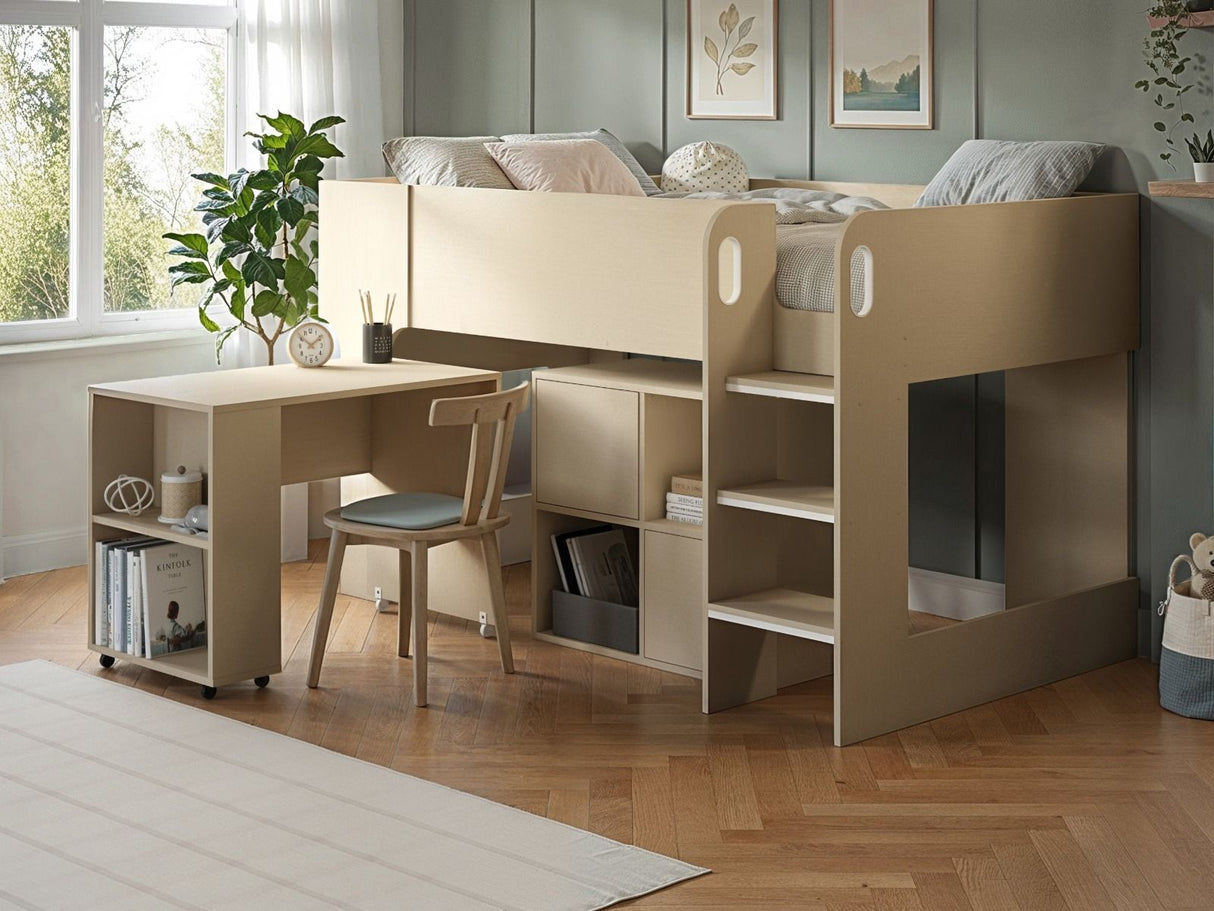 Flair Leo Mid Sleeper with Desk & Storage White Oak