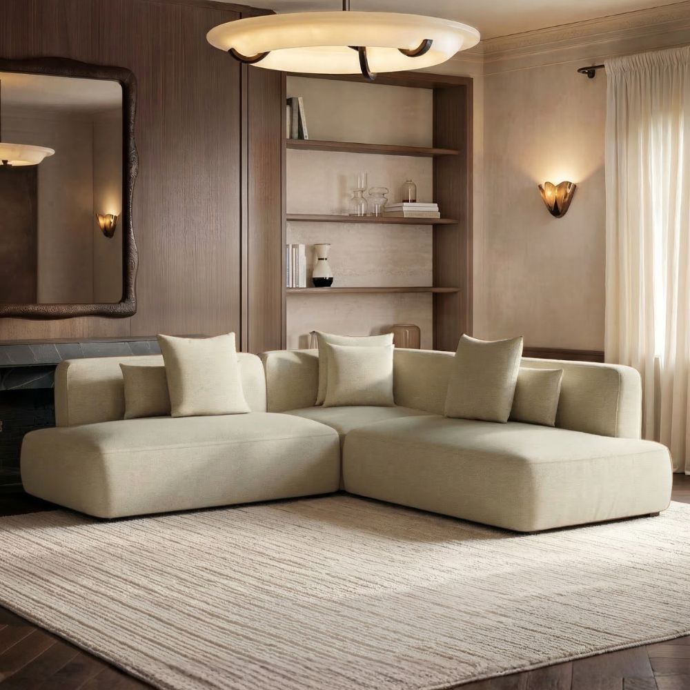SOLACE+CO Luna Large Corner 5 Seater Sofa Cream Chenille
