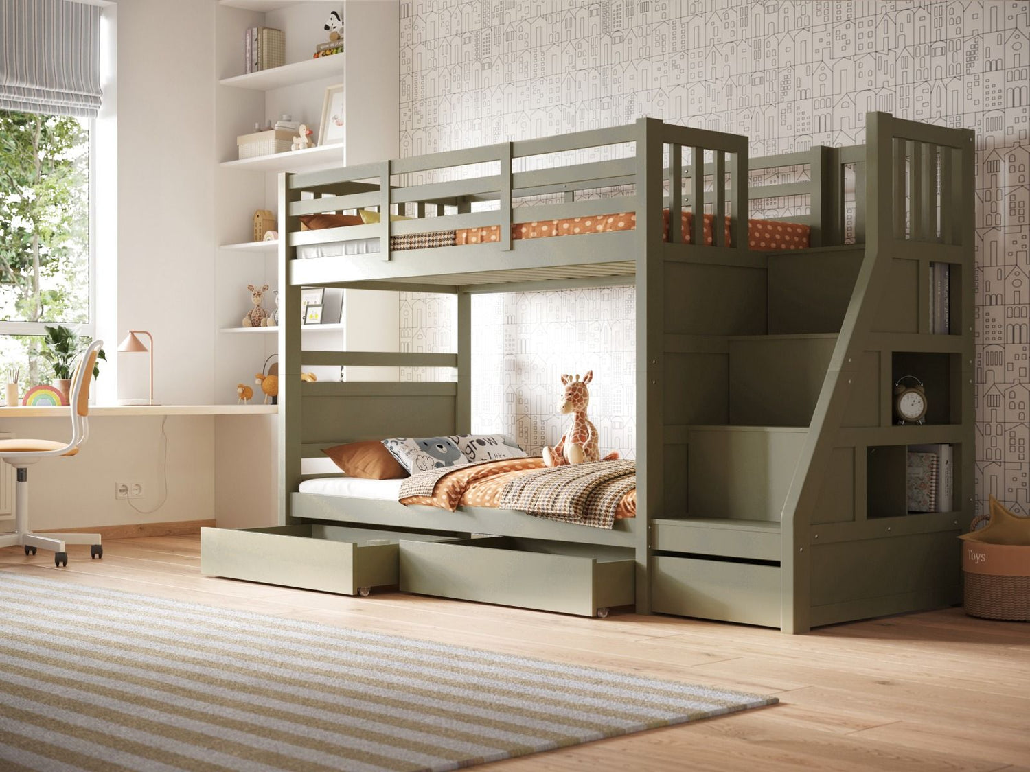 Flair Lunar Staircase Bunk Bed with Storage Olive