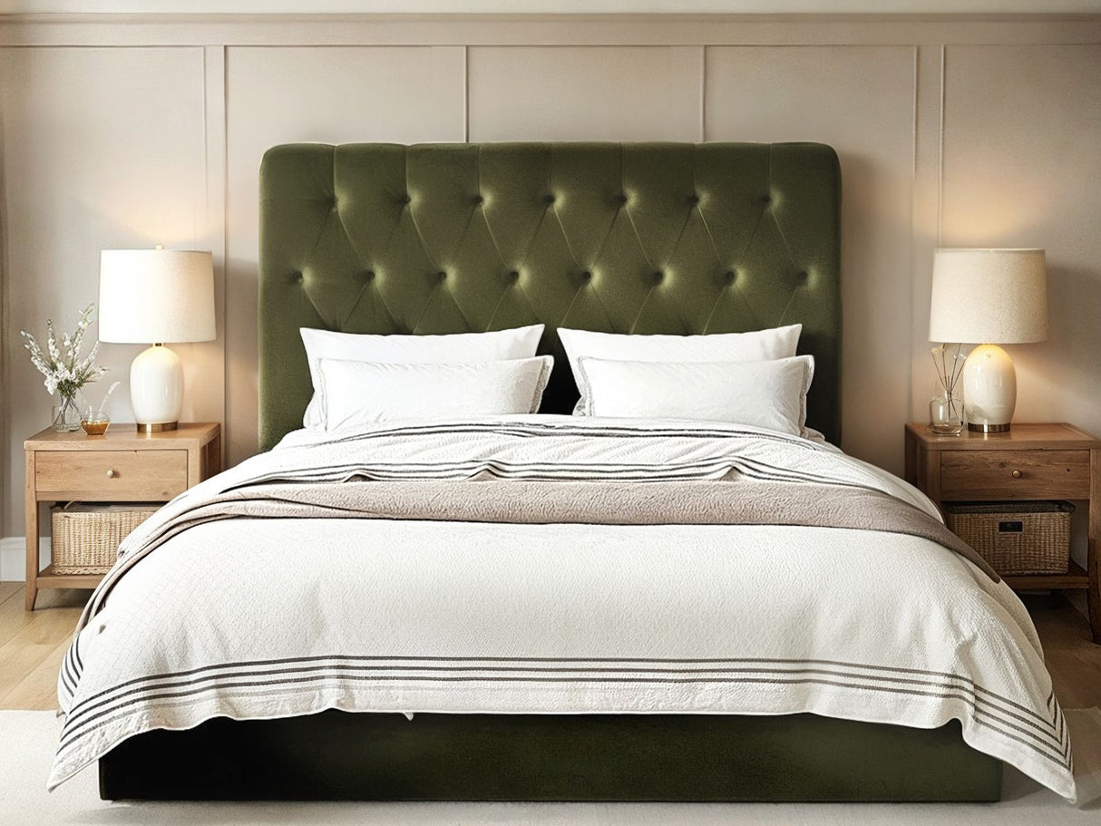 Flair Marley Buttoned Headboard Ottoman Double Bed Green Velvet