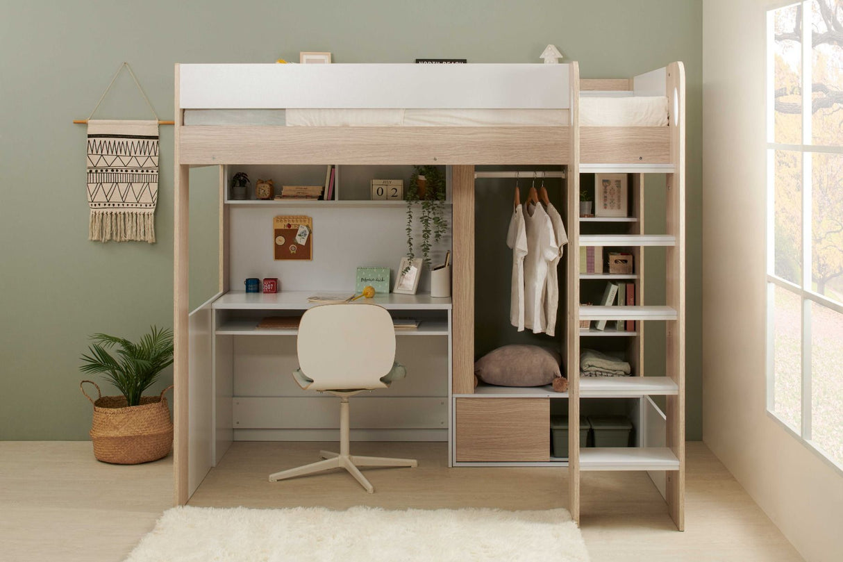 Flair Hampton High Sleeper with Wardrobe White & Oak