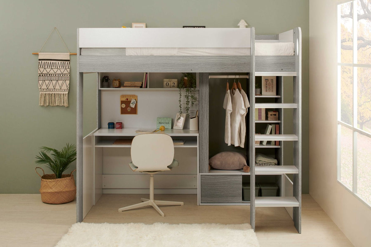 Flair Hampton High Sleeper with Wardrobe White & Grey