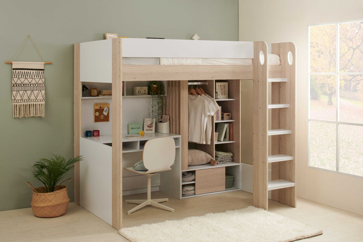 Flair Hampton High Sleeper with Wardrobe White & Oak