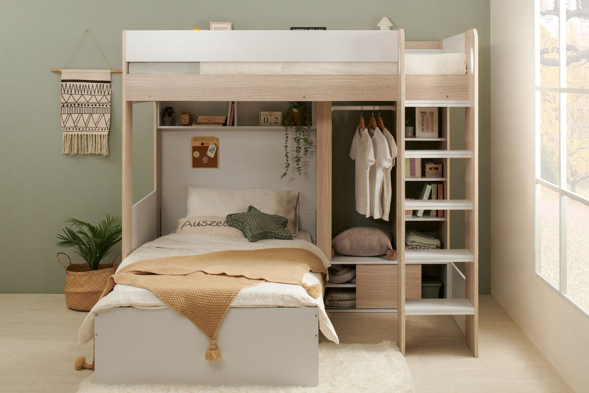 Flair Hampton High Sleeper with Wardrobe White & Oak