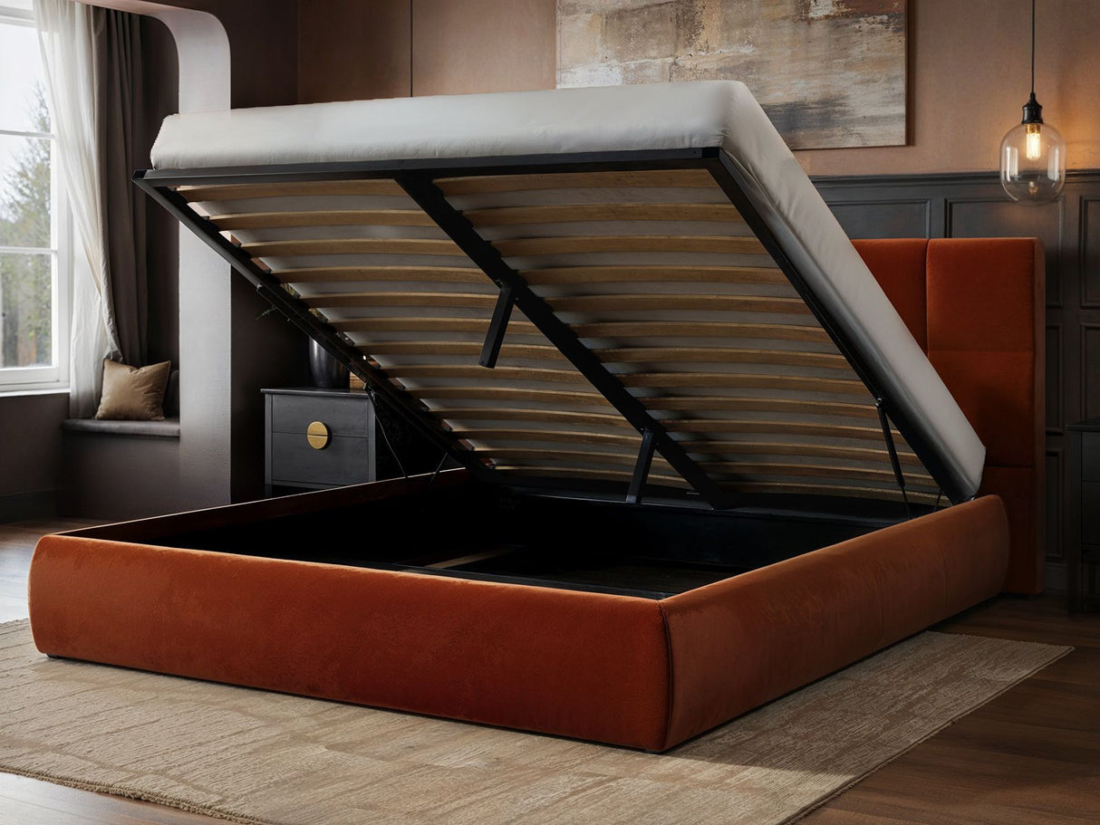 SOLACE+CO Mika Ottoman Bed Burnt Orange Velvet Kingsize