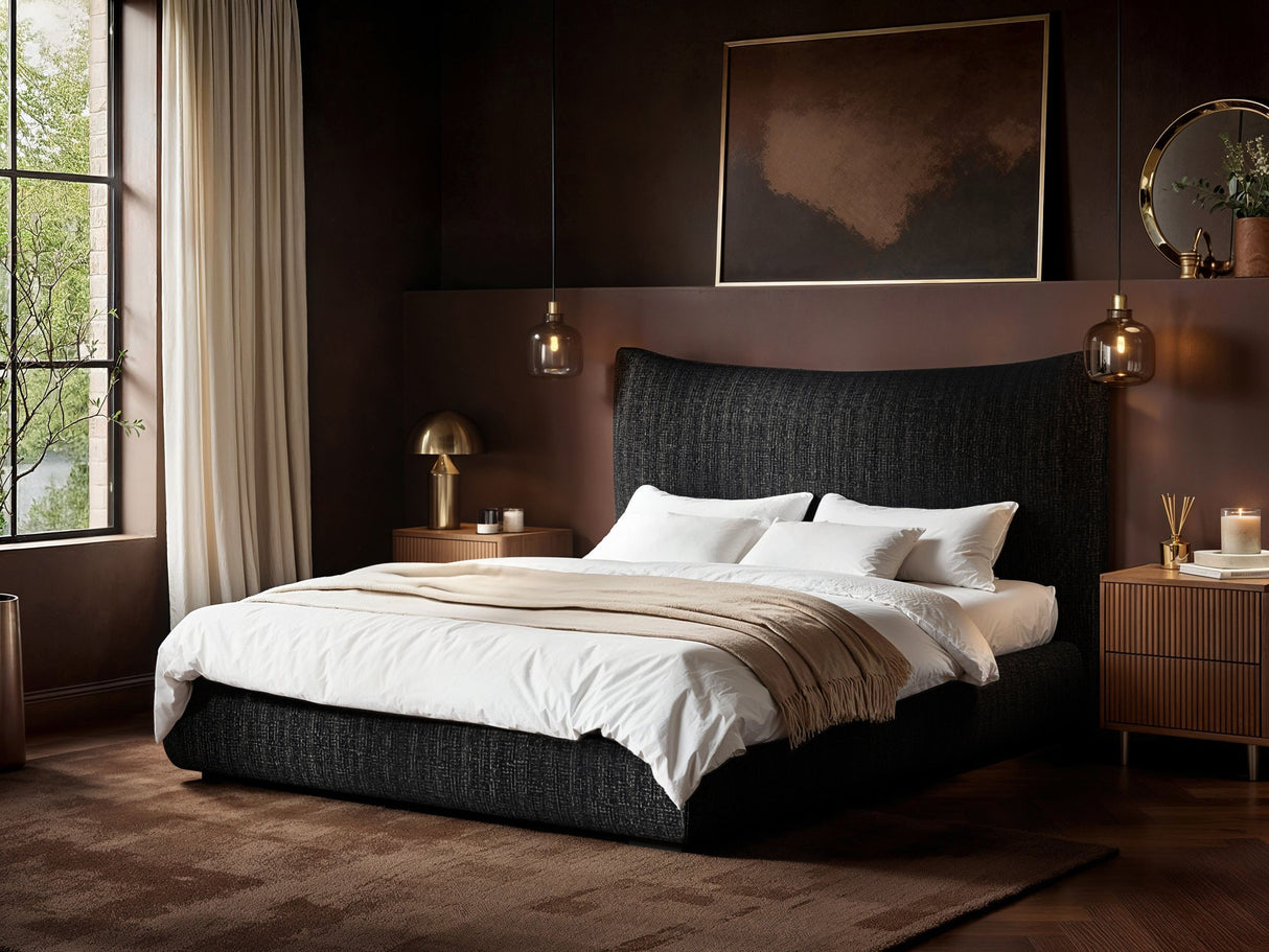 SOLACE+CO Miller Curved Headboard Bed Frame Black Chenille-Kingsize