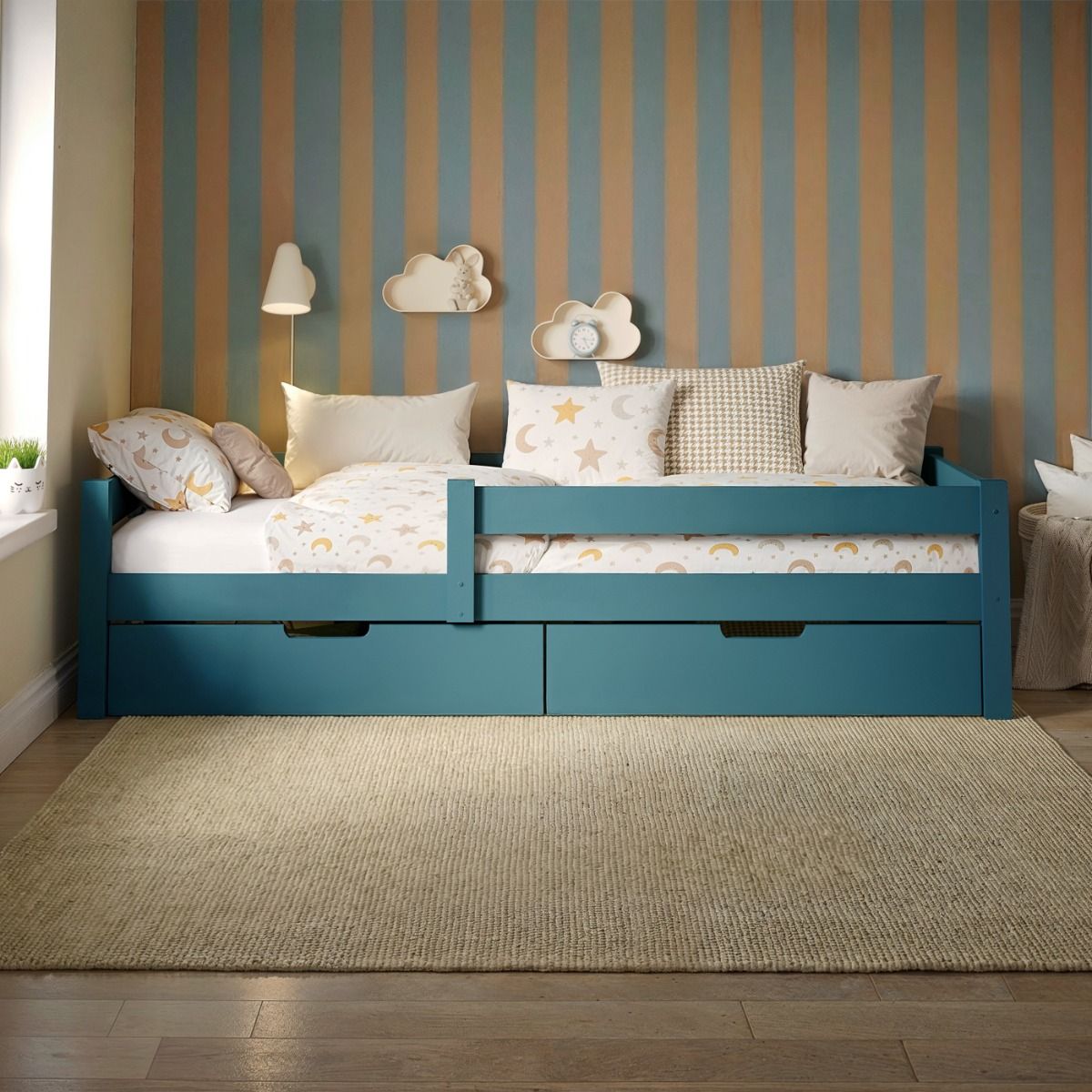 Flair Milo Single Bed with Storage Pine Petrol Blue