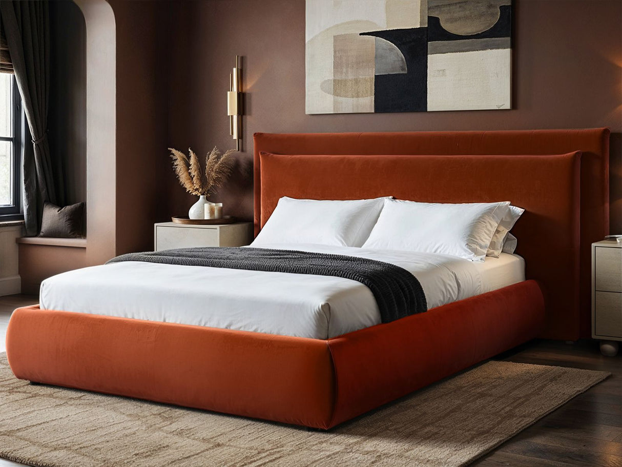 SOLACE+CO Sigrid Burnt Orange Velvet Cushion Headboard Ottoman Bed Double