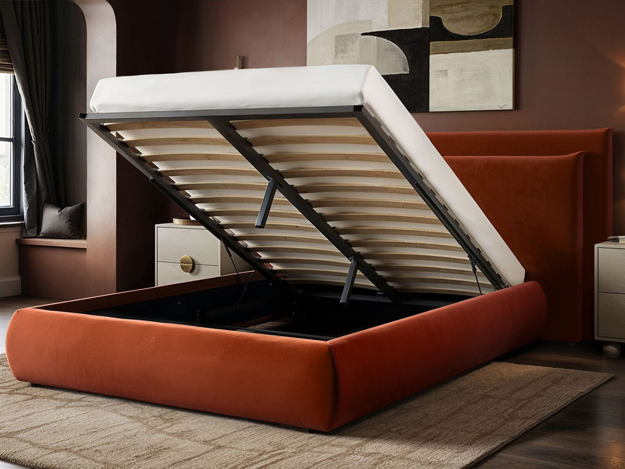 SOLACE+CO Sigrid Burnt Orange Velvet Cushion Headboard Ottoman Bed Kingsize