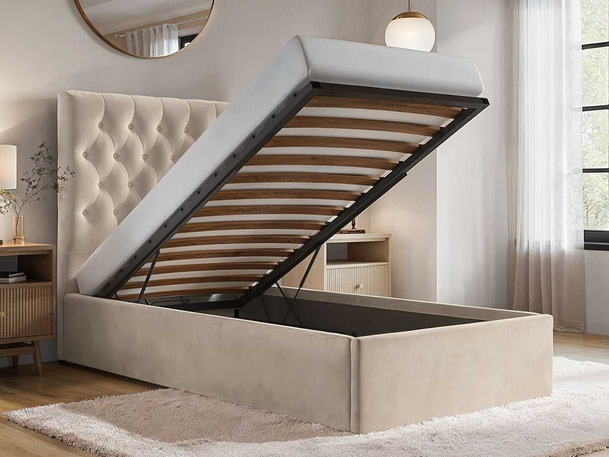Flair Milan Single Velvet Ottoman Bed-Beige