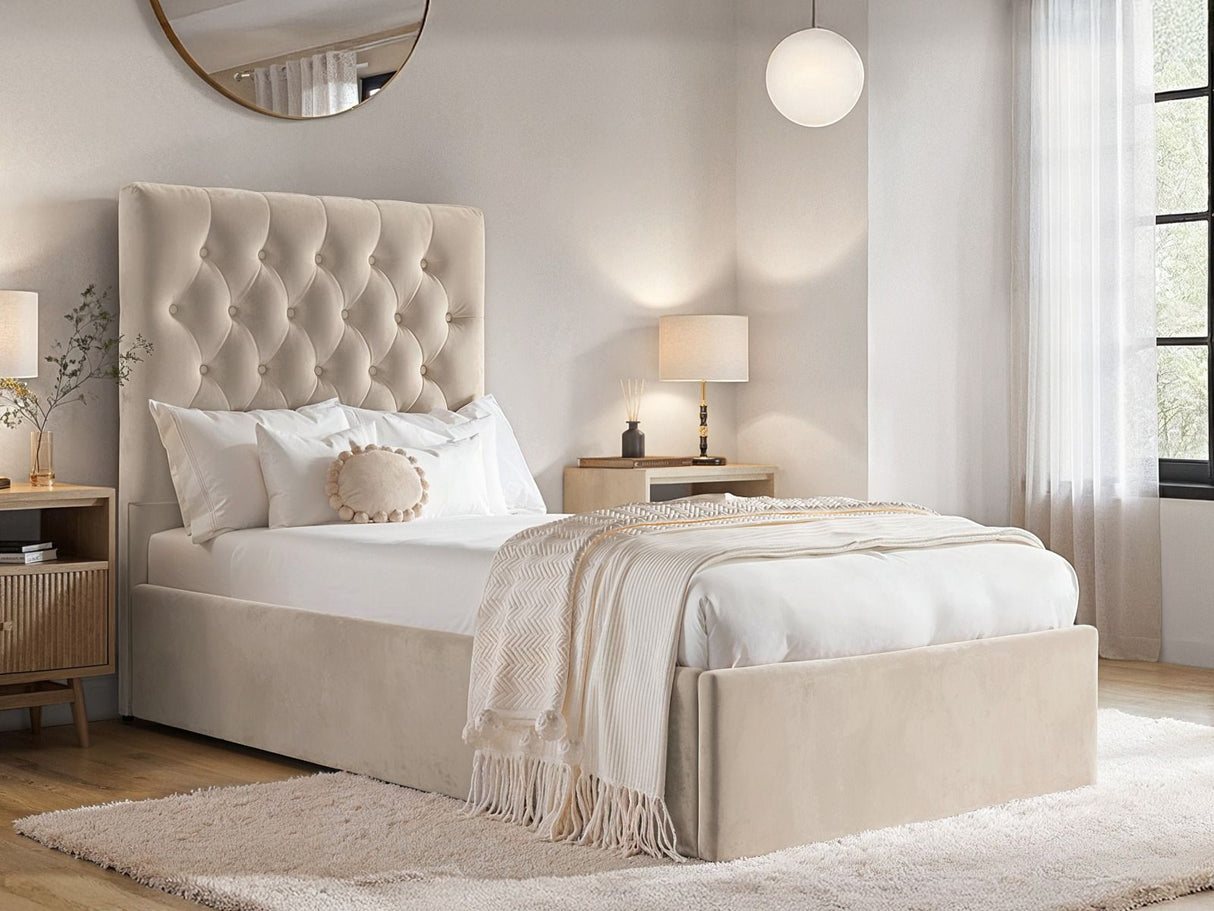 Flair Milan Single Velvet Ottoman Bed-Beige