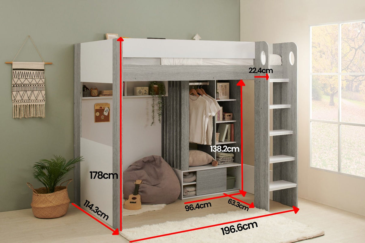 Flair Hampton High Sleeper with Wardrobe White & Grey