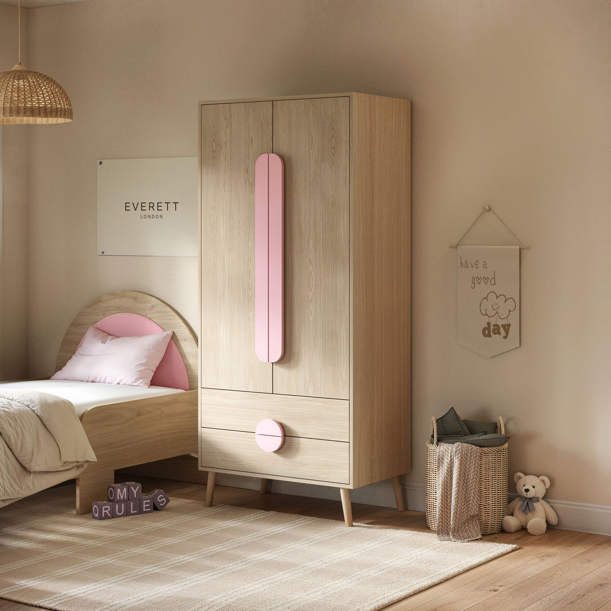 Flair Noah 2 Door Wardrobe with 2 Drawers Oak & Pink
