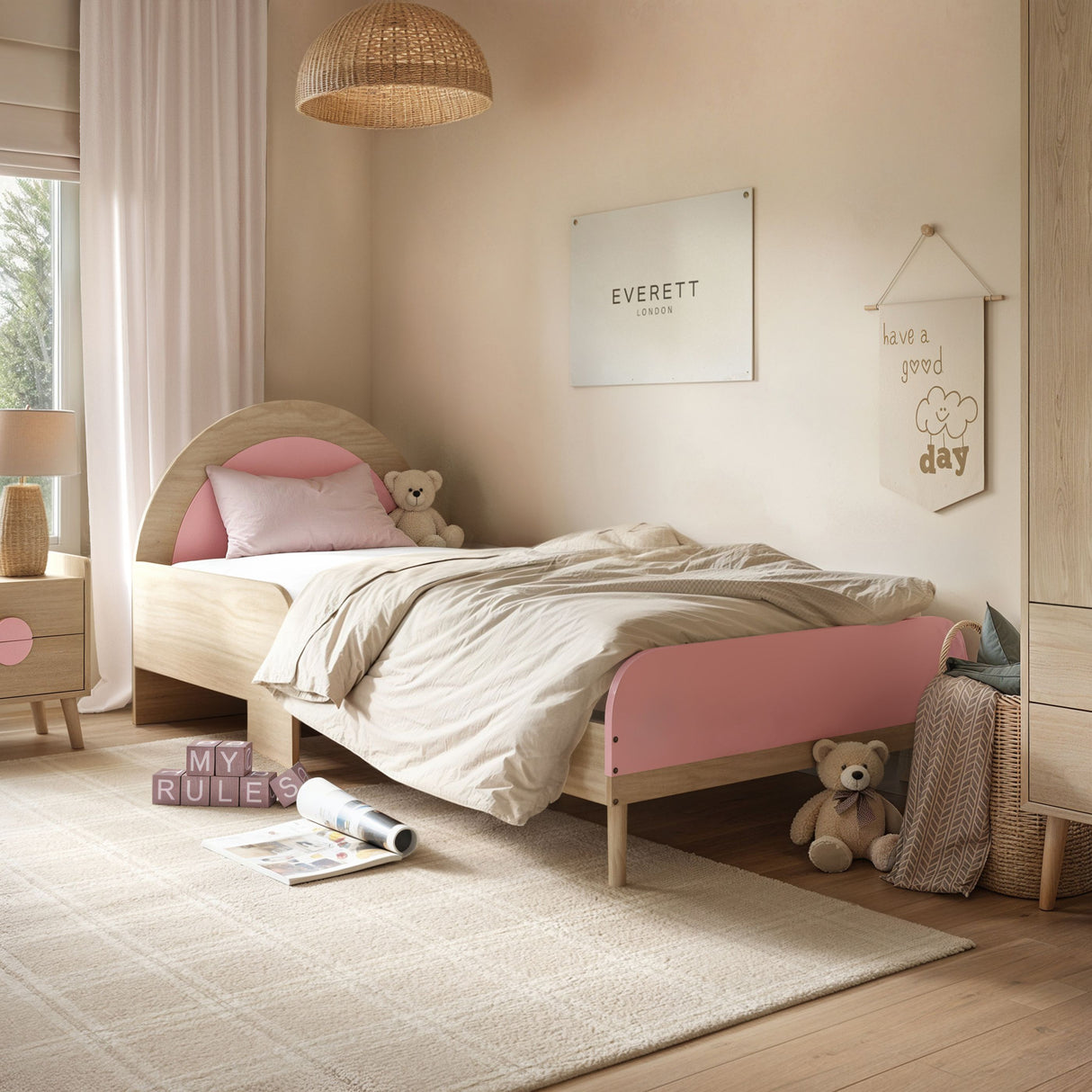 Flair Noah Single Curved Headboard Bed Oak & Pink