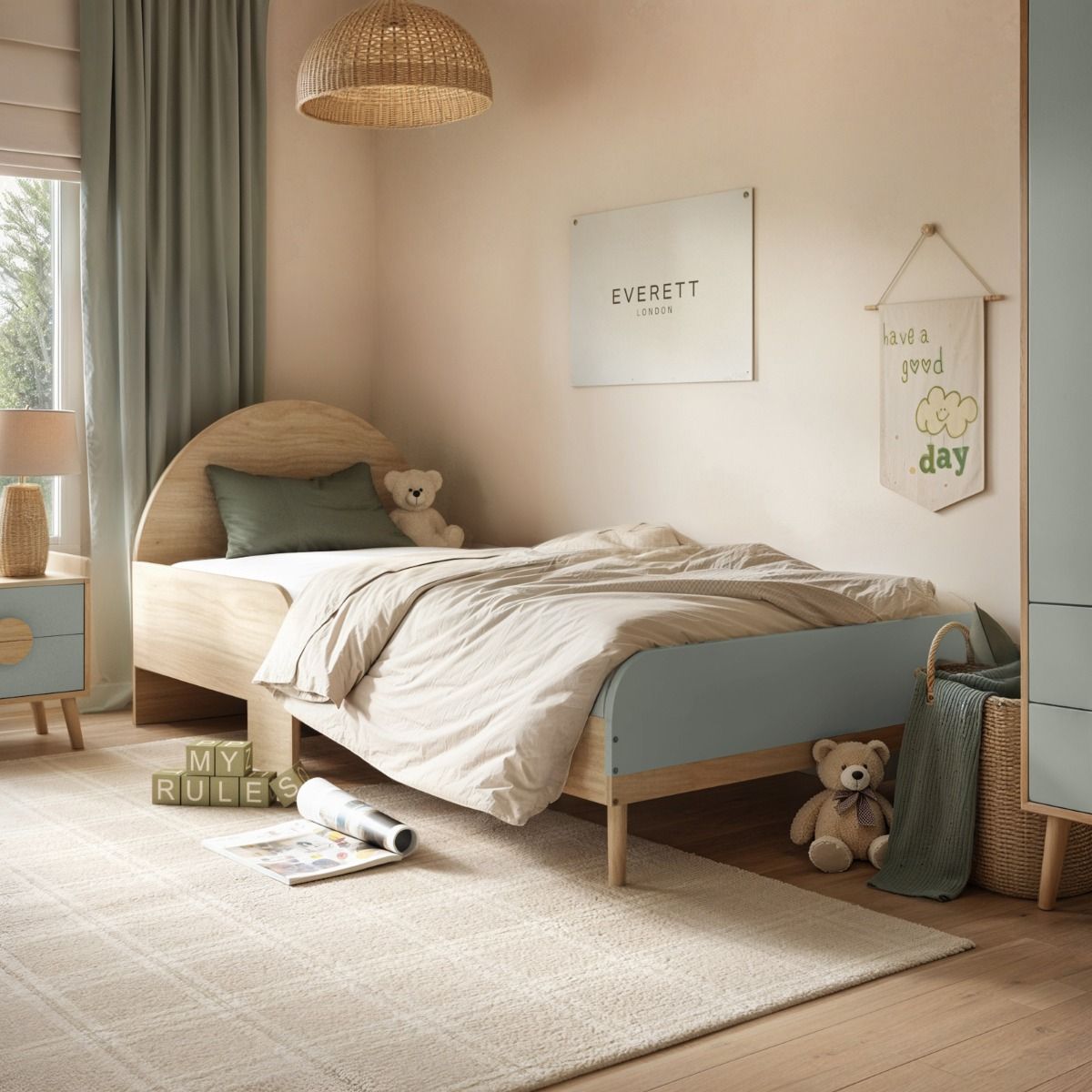 Flair Noah Single Curved Headboard Bed Sage Green & Oak
